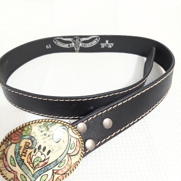 Medallion Western Black Leather Belt Adjustable Peg - Picture 3 of 7